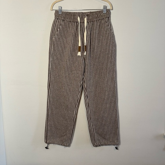 Brown and White Women's Striped Pants, elastic waist, adjustable ankle cuff. - Picture 2 of 16